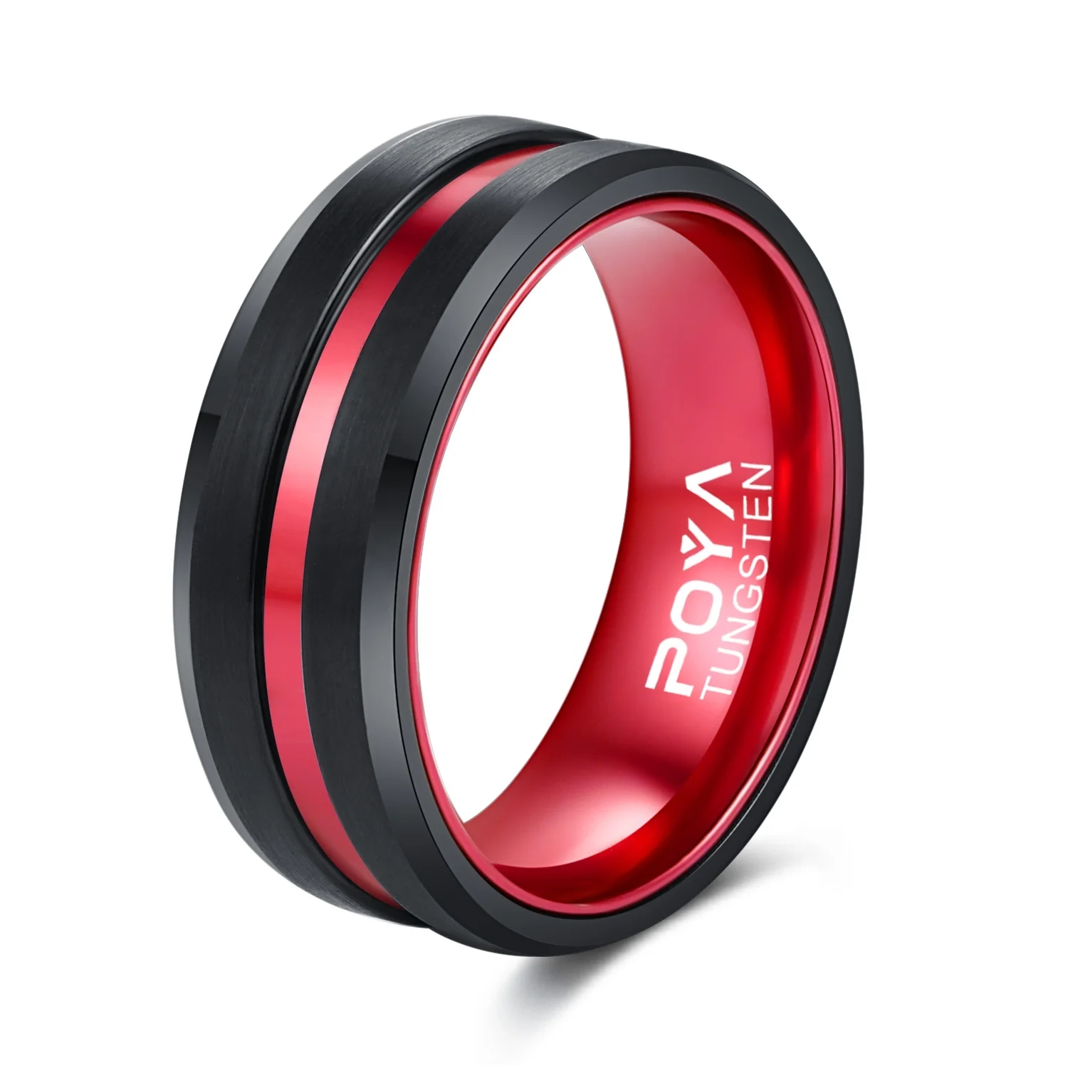 

POYA TUNGSTEN Ring for Men Women 8 mm Black Plated Wedding Band Red Aluminum Liner Comfort Fit