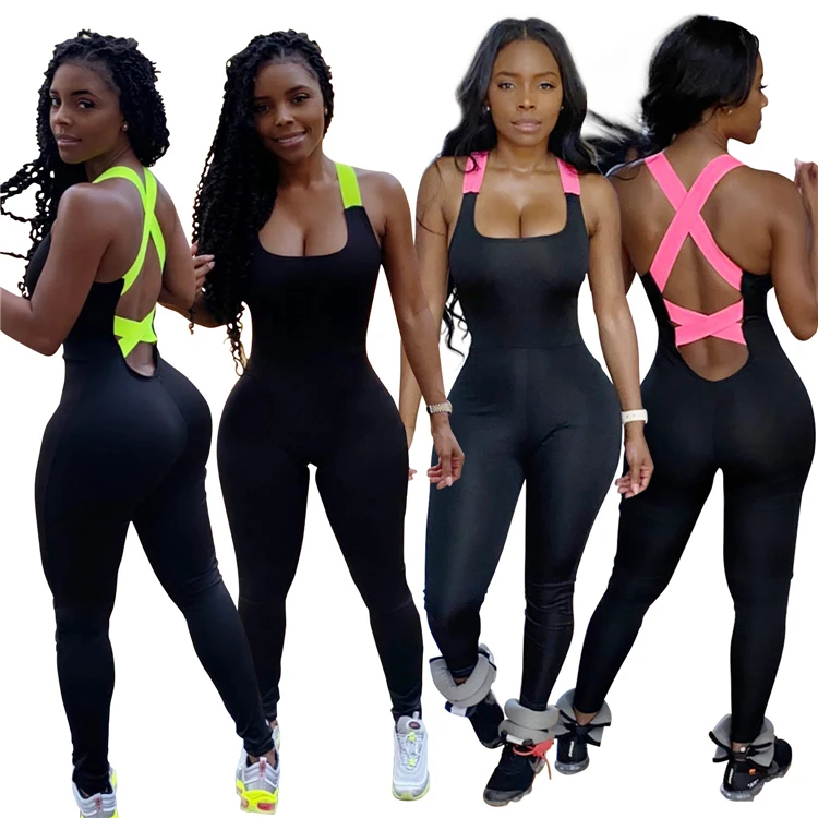

casual solid sleeveless black bodycon one piece jumpsuit women sport suits, Picture