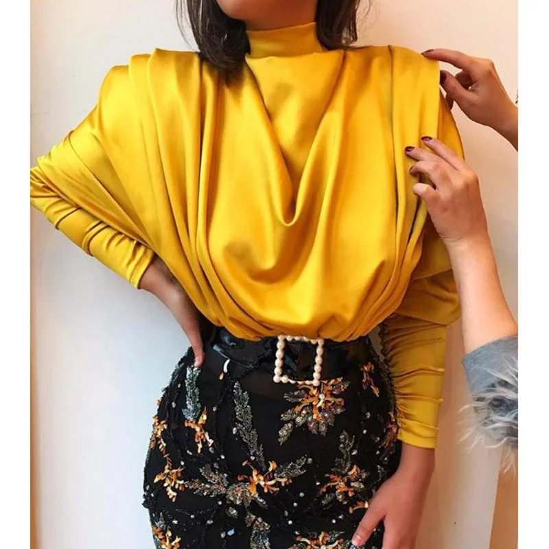 

B51276A Pure color women fashion high collar batwing sleeve autumn t-shirt, Yellow