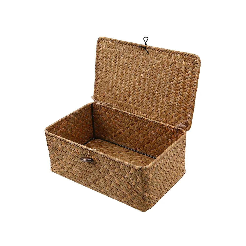 

Hand-Woven Storage Basket Multipurpose Container with Lid for Desktop Home Decoration, Natural brown color, orange,yellow, white