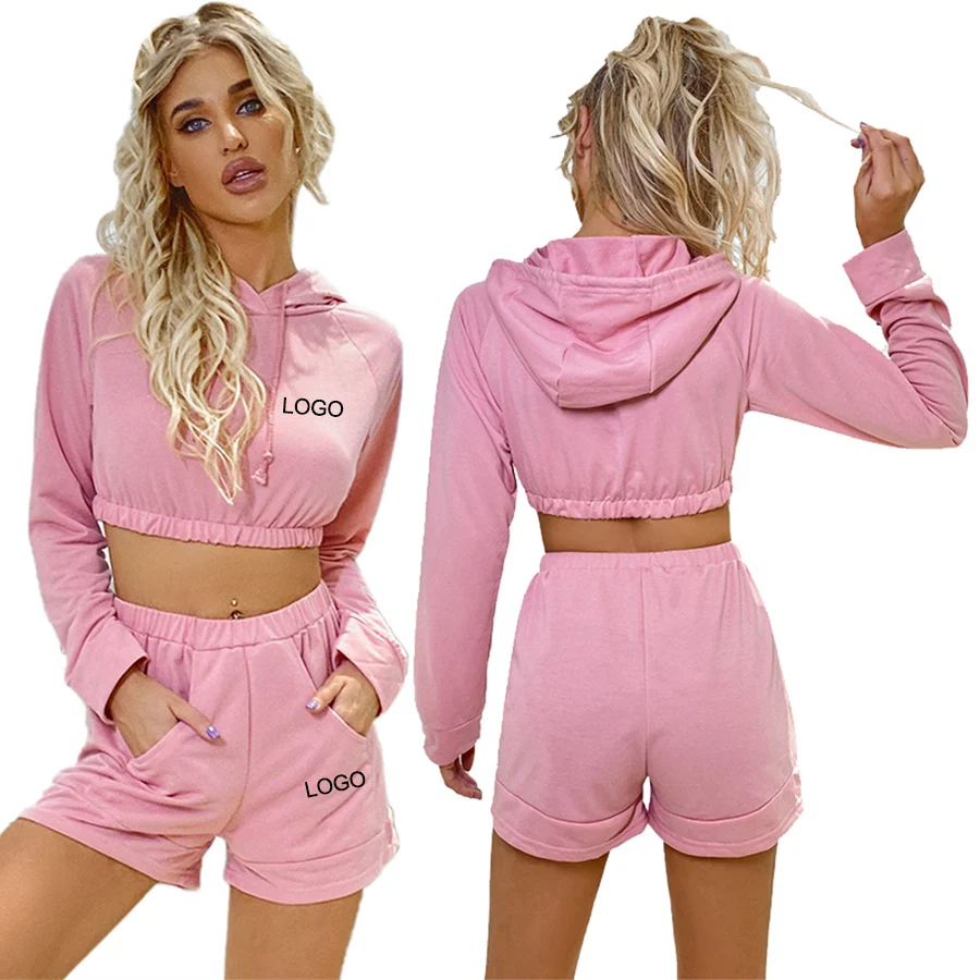 

custom logo hoodies crop top joggers set women shorts tracksuits 2 piece set track suit with hoodie, Pink
