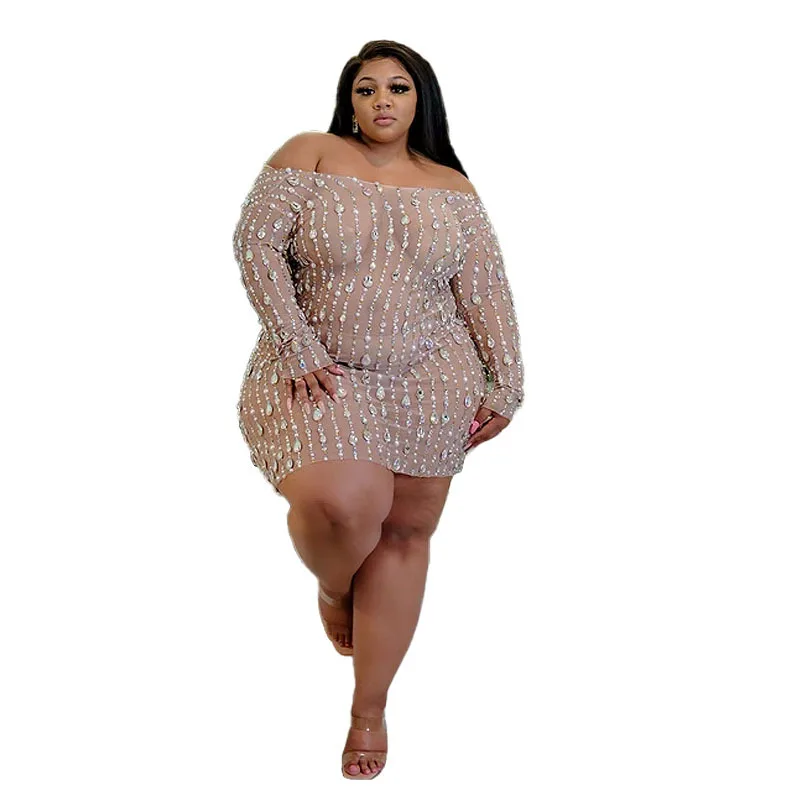 

Women Plus Size Dress Diamonds Mesh See-through Skinny Bodycon Dresses Sexy Night Club Vestidos Fashion Outfit Autumn dress, 2 colors