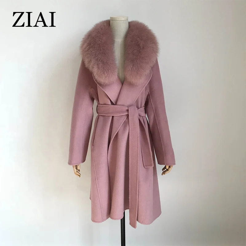 

High quality pink women long plus size wool coat ladies cashmere coats real fox fur collar womens wool coats, Customized color