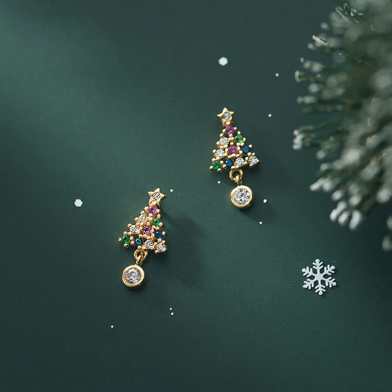 925 Sterling Silver CZ Zircon Earrings 18k Gold Plated Women Cute Christmas Tree Pendant Stud Earring Ear Jewelry