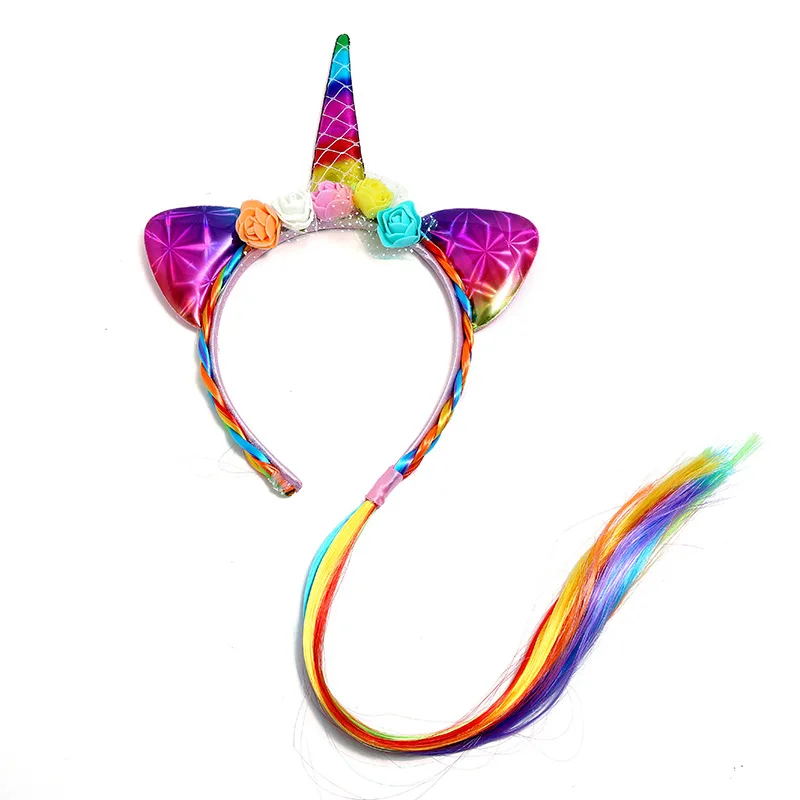 Rainbow Color Ponytail Unicorn Headbands Glitter Ears Kids Girls ...