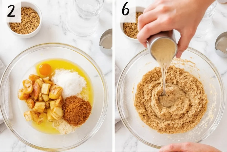 Step-by-step preparation of apple cinnamon muffin mix with fresh ingredients being added to bowl