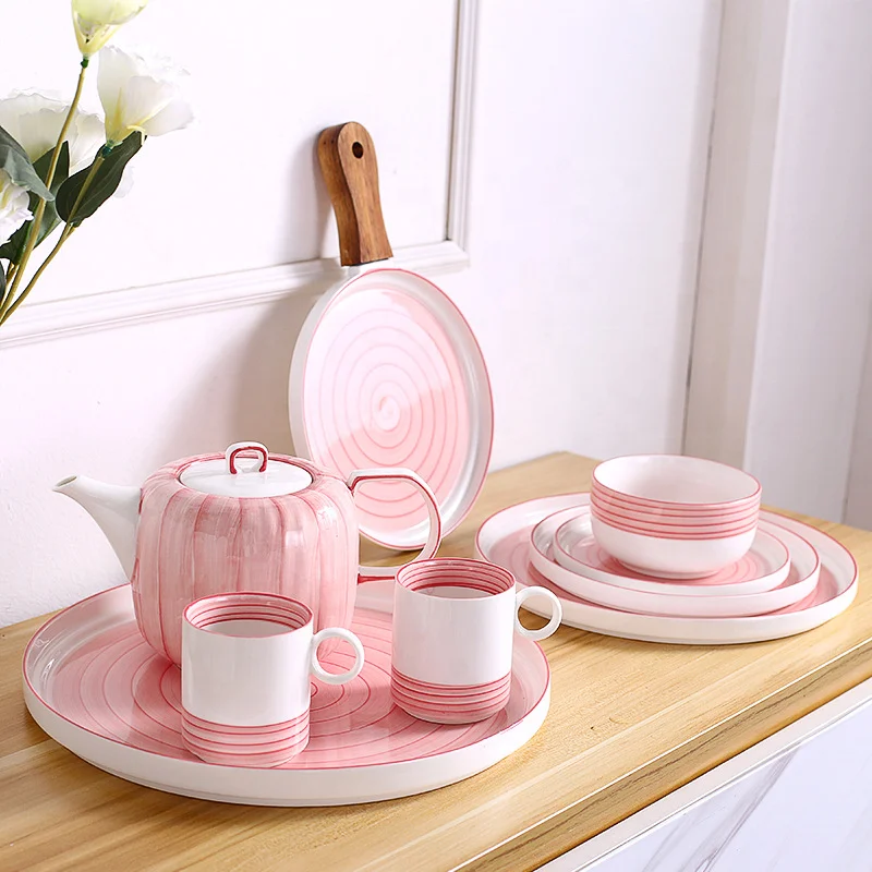 

New Bone China Porcelain Plates Matt Pink And White Line Series Tableware sets