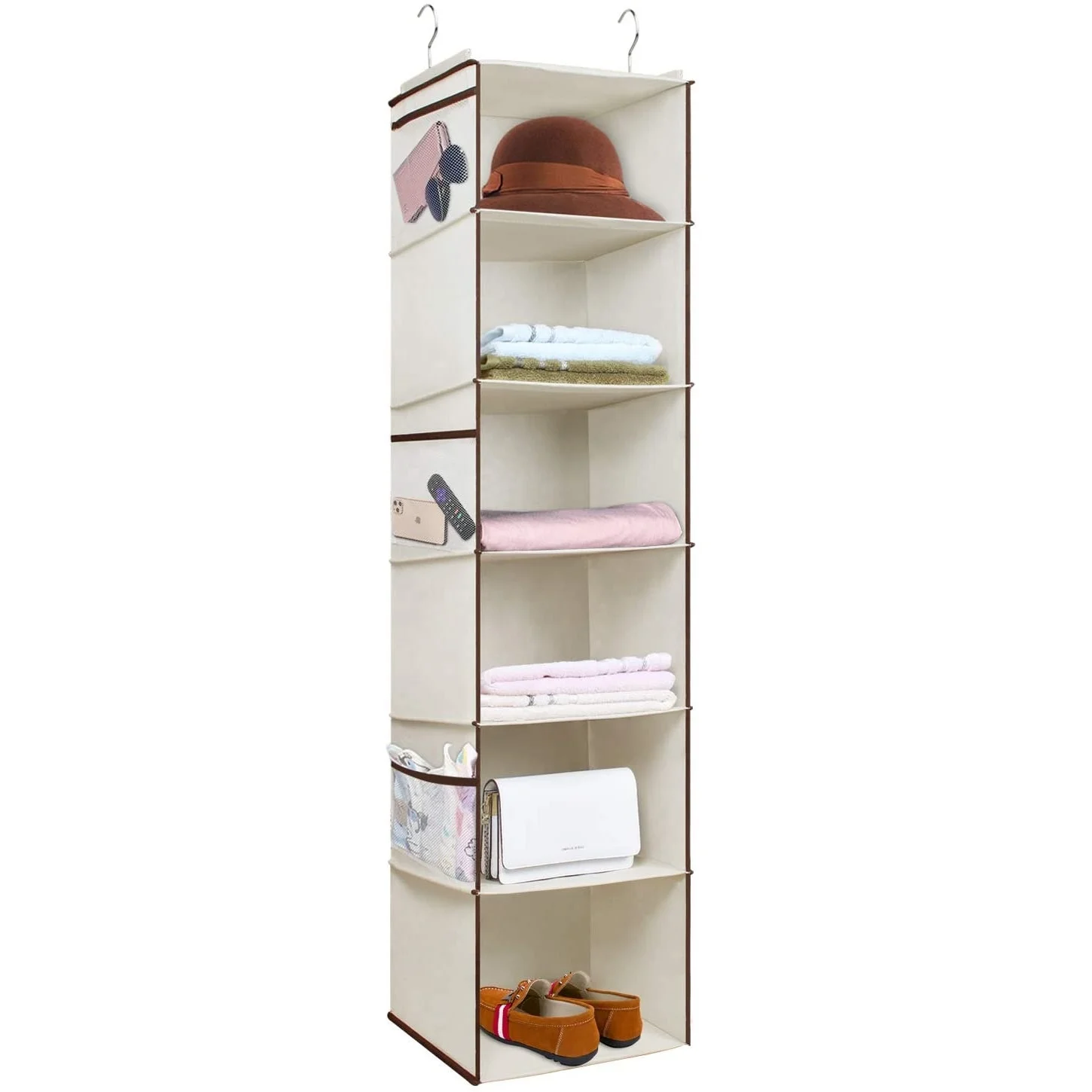 

6 Shelves Hanging Closet Organizer Non Woven Cloth Hanging Shelves with 6 Side Pockets Clothes Storage Organizer, Can be customized