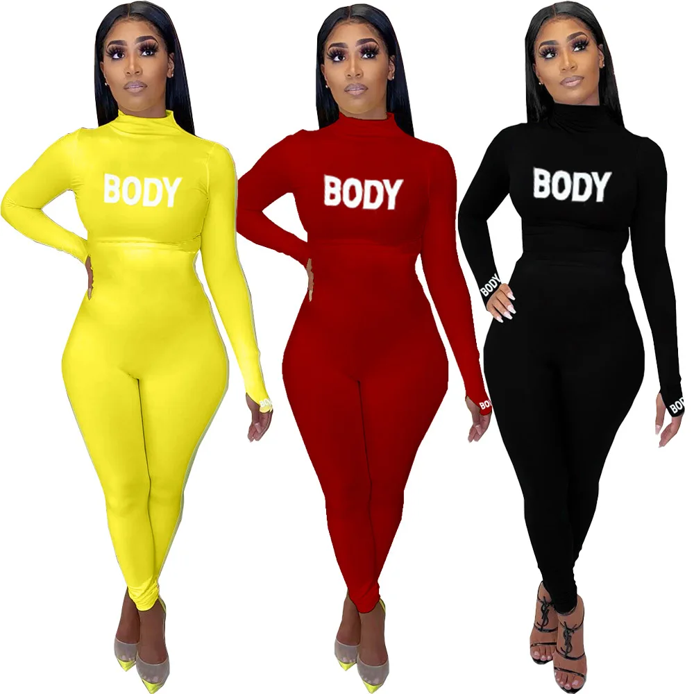 

Wholesale hot sales Tight long sleeve yellow womens Jumpsuit High neck letter solid jumpsuit women