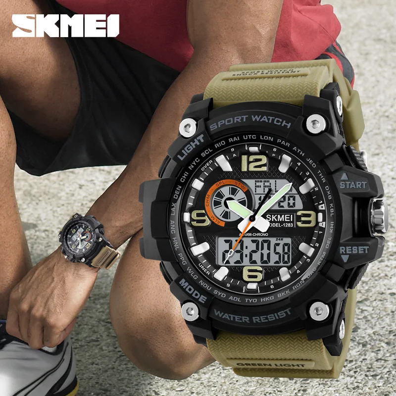 

SKMEI 1283 Top Brand Luxury Sport Watch Men Military 5Bar Waterproof Quartz Watches Dual Display Wristwatches