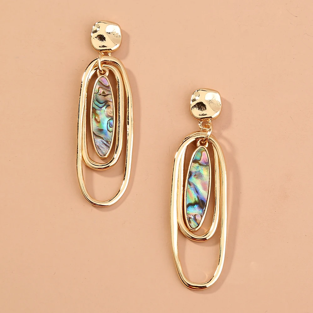 

Female Individual Design Horse Eye Shape Natural Abalone Shell Earrings Oval Alloy Fittings Square Stud