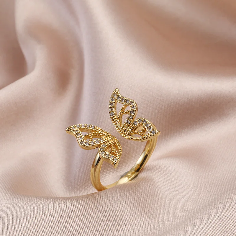 

Brass Real 18k Gold Plated Crystal CZ Butterfly Resizable Index Ring Adjustable Zircon Butterfly Open Finger Rings, As picture