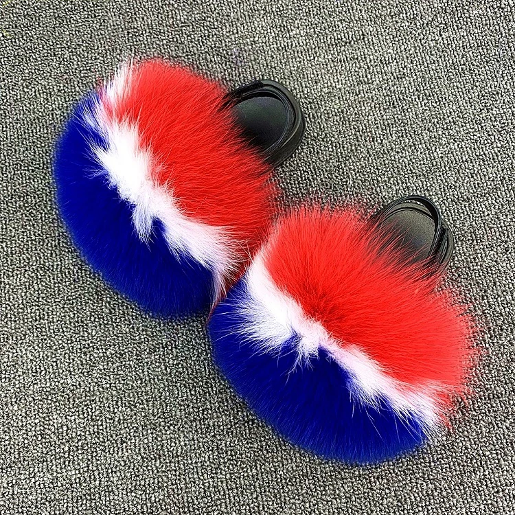 

2021 new Colorful Rainbow toddlers Fox Fur Slides For Women And Kids Raccoon Fur Slippers Mommy And Me Fur Slides, Customized color