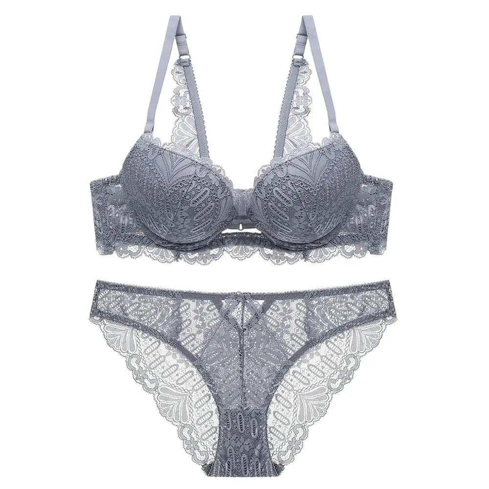 

wholesale deep V embroidery sexy lace bra brief set girls push up underwire bra set