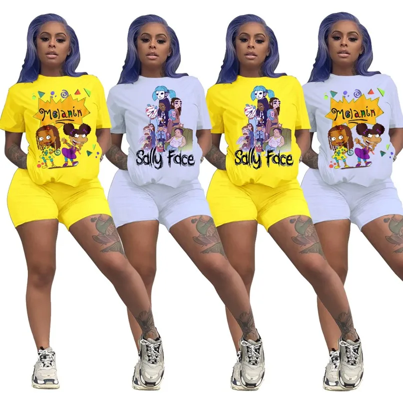 

MOQ 1PC KC-BN7062 summer trendy 4colors women clothing cartoon print Tshirt with shorts two piece outfit 2 piece short set