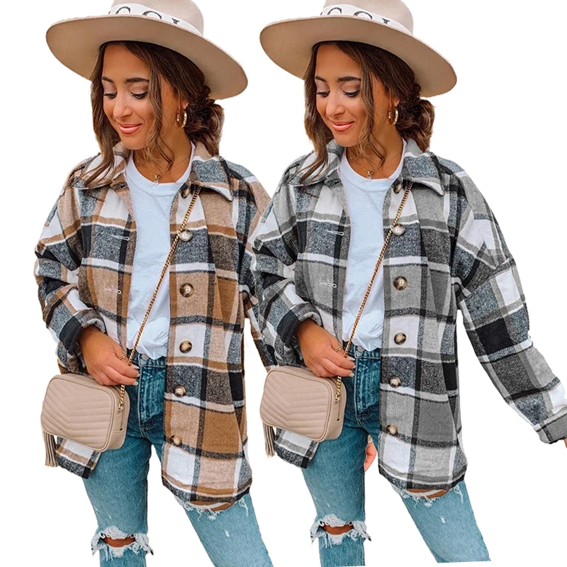 

High Quality Fashionable Women Casual Plaid Print Buttoned Oversize Shirt Jacket Coats For Ladies, Multi colorplaid coat shirt jacket