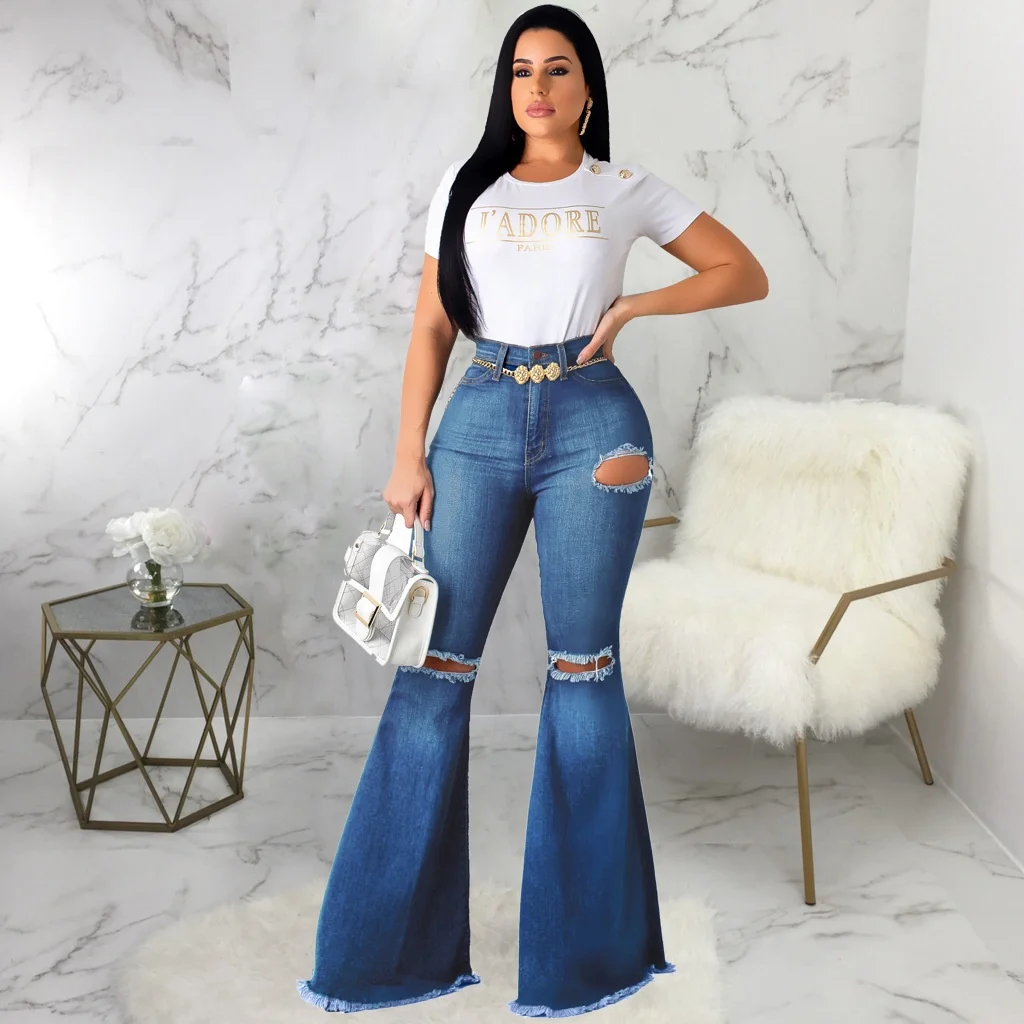 

2021 Summer Hot Sale Vintage Style Hollow Out Stretch Lift Hip Pants Women High Waist Wide Leg Flared Denim Long Jeans For Woman, Picture shows