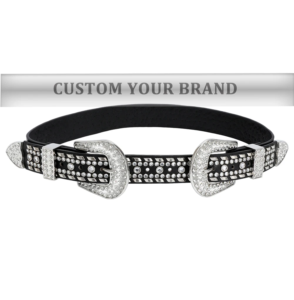 

Western Rhinestone Belts Double Buckle Plus Size Leather Black OEM Color LOGO Cowboy Diamond Belt