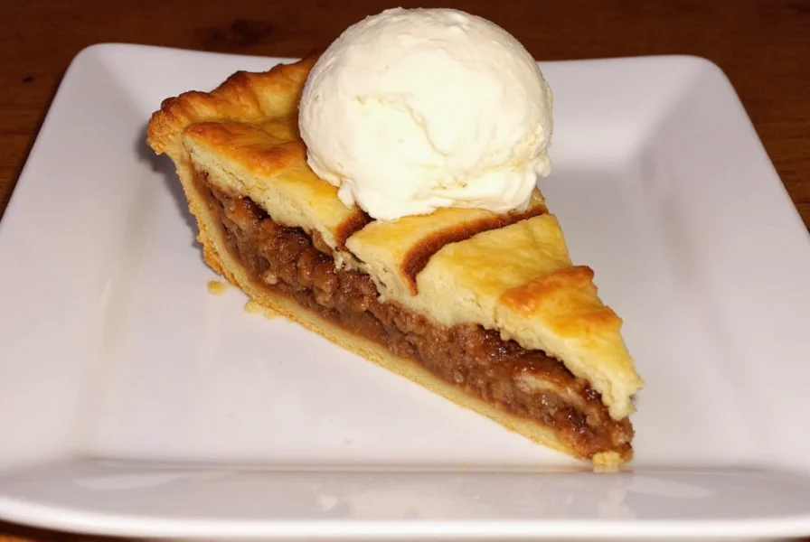 Cracker Barrel cinnamon roll pie served warm with vanilla ice cream on white plate
