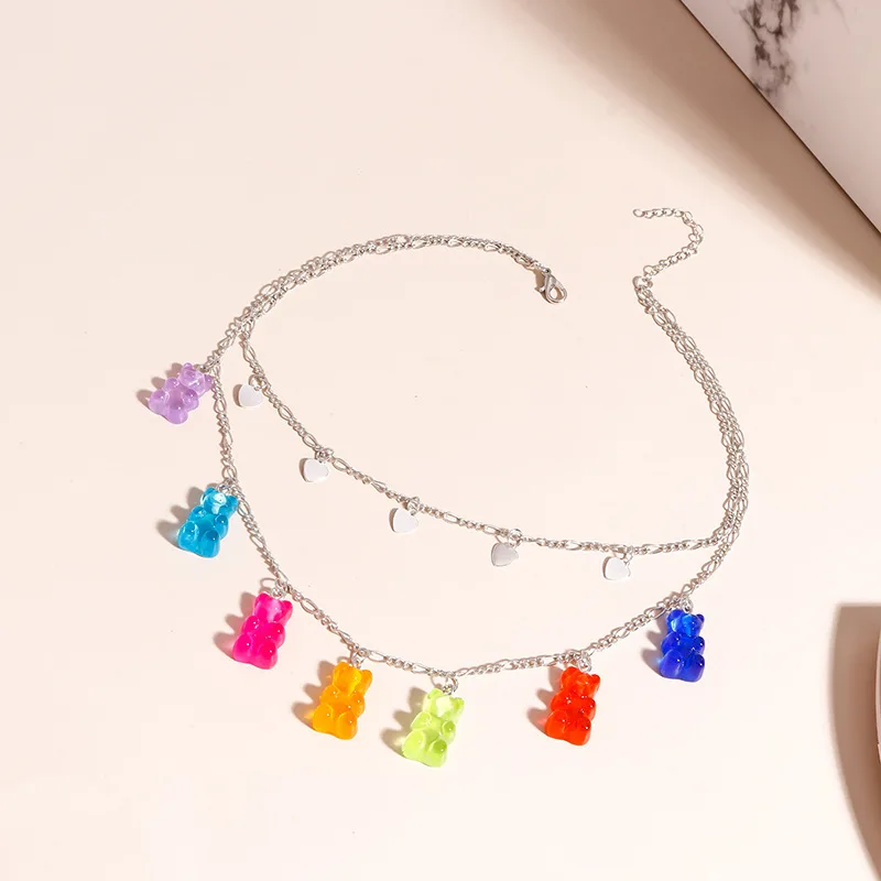 

Luxury Adjustable Cute Jewelry Acrylic Transparent Colorful Multilayer Teddy Bear Gummy Bear Necklace, Silver