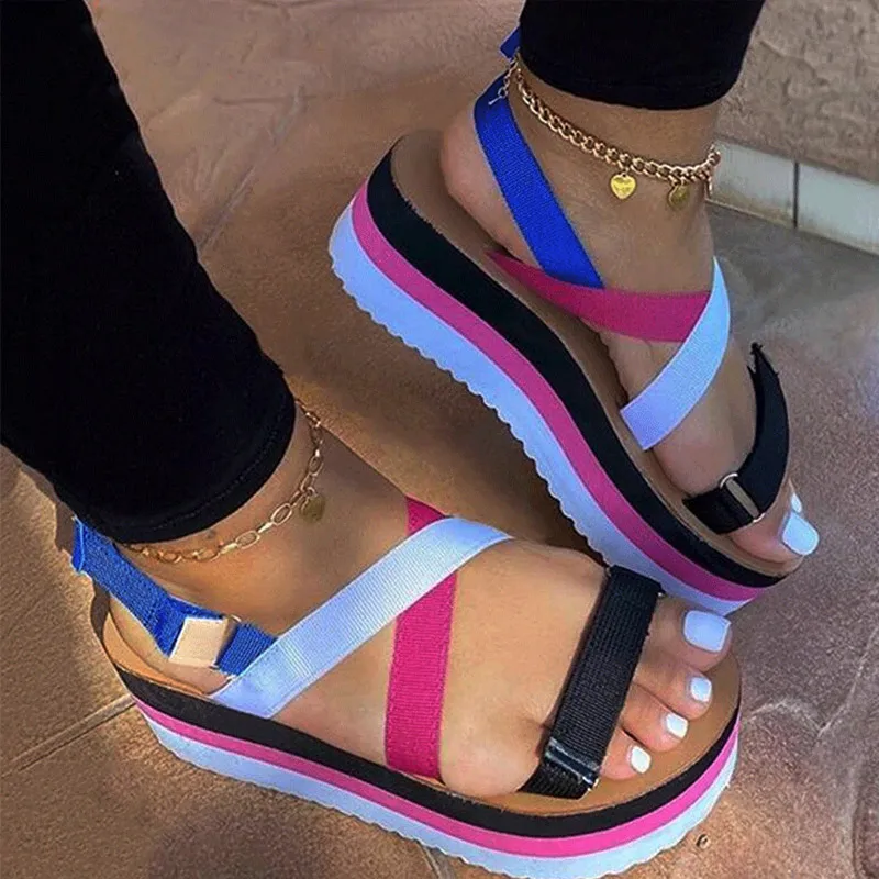 New INS Hot Ladies Flat Platform Sandals Fashion Colorful Summer Thich Bottom  Casual Wedges Sandals