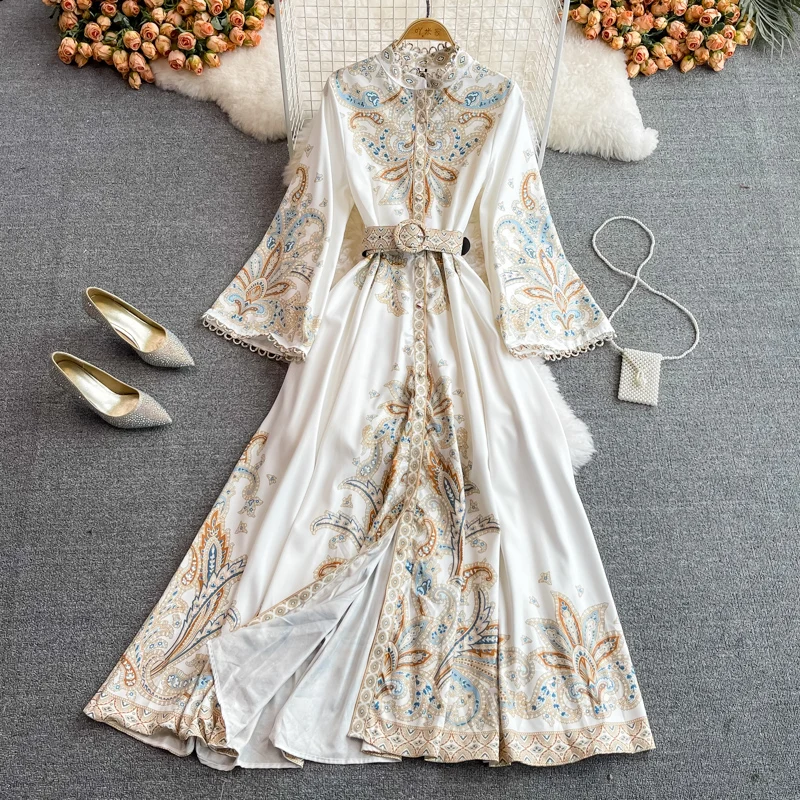 10%OFF S-2XL Autumn Chinese Style Printed Long-sleeved Waist-length Dress Fashion Single-breasted Stand-up Collar Dress