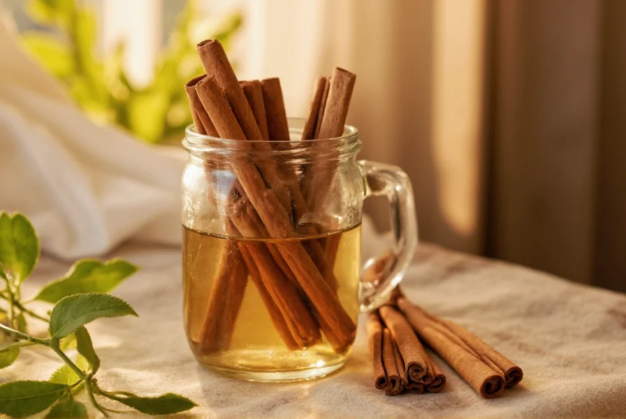 Close-up of cinnamon sticks steeping in clear glass jar of water with morning light