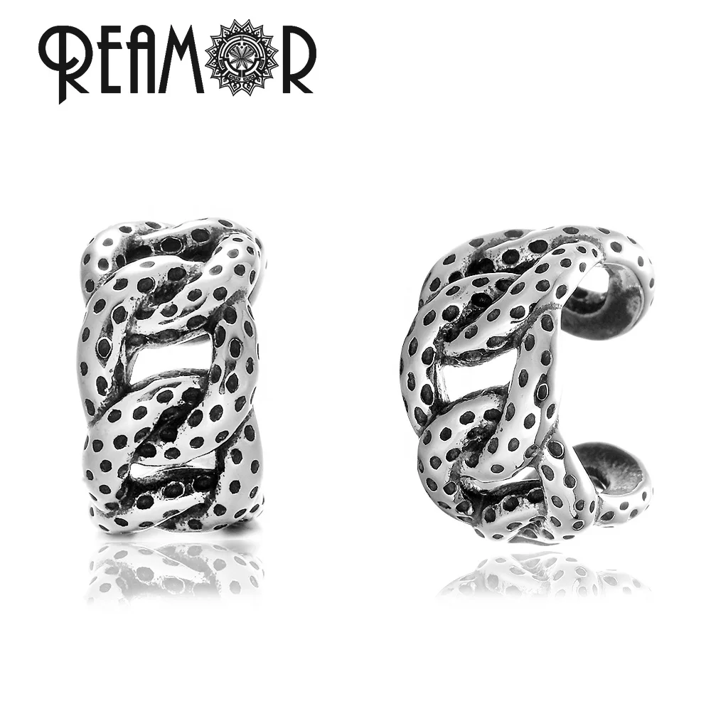 

REAMOR Men Stainless Steel Hoop Chain Link with Dots Cuff Earrings Non Piercing Earrings Jewelry Wholesale for Men Women