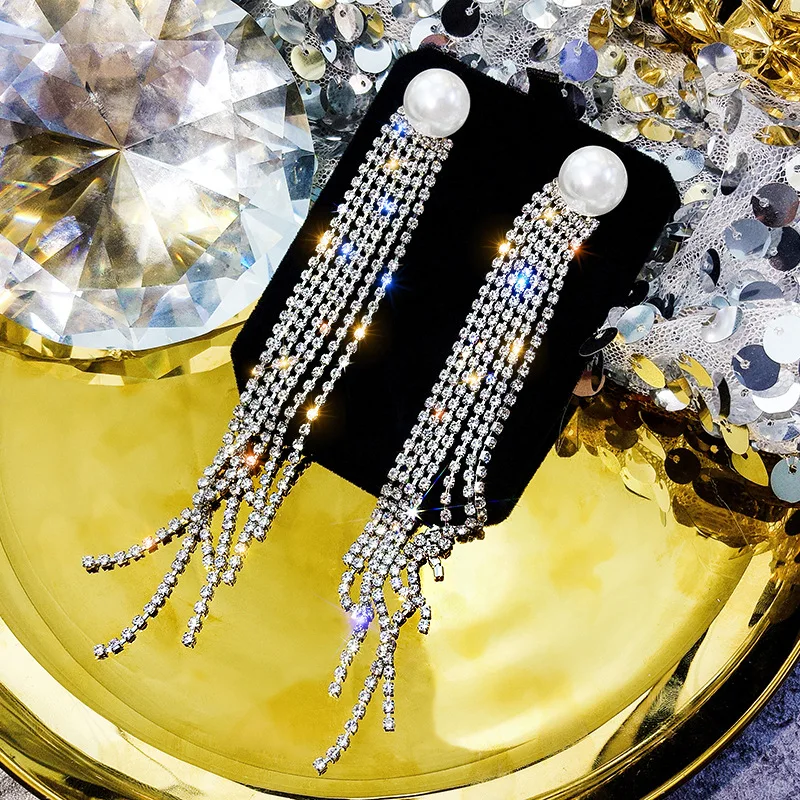 

diamond chain tassel pearl Queen exaggerated elegant earrings diamond claw chain long tassel stud earrings for women