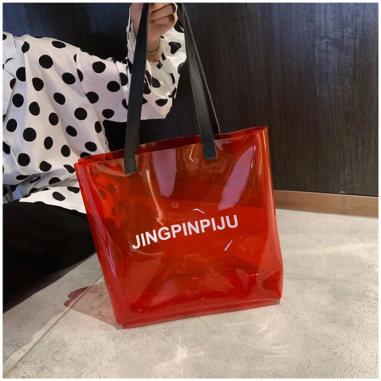 

Wholesale Promotion Custom Logo Transparent Women Clear Handbag Purse Tote Shoulder Bag Large capacity PVC beach bag Jelly bag, Customizable