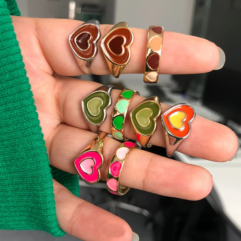 

Finetoo Trendy Vintage Double Layer Dripping Oil Enamel Color Opening Heart Metal Rings for Women Couple Jewelry, Colorful