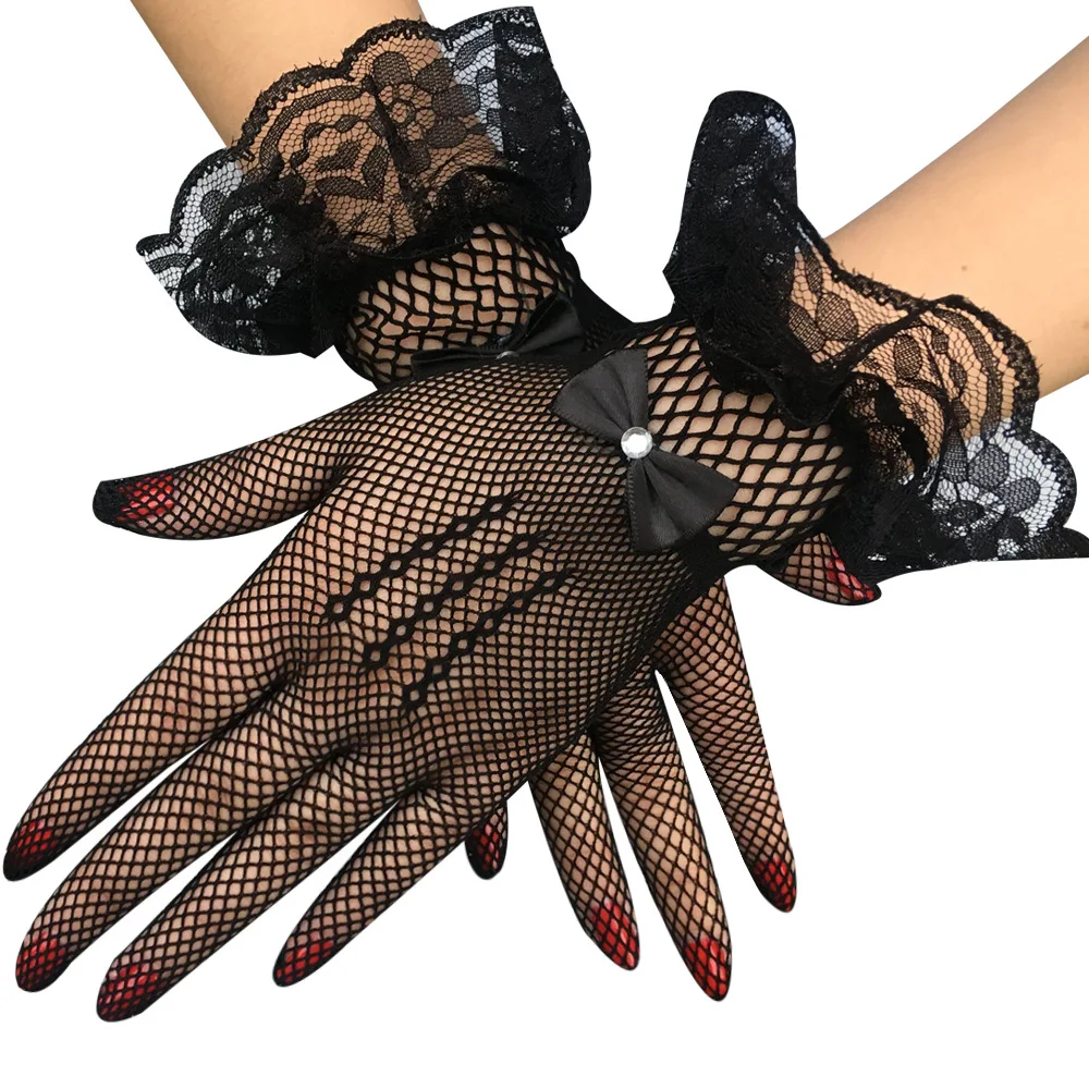 

Short Fishing Net Bright Diamond Bow Lace Bridal Gloves Wedding Etiquette Stage Performance Gloves