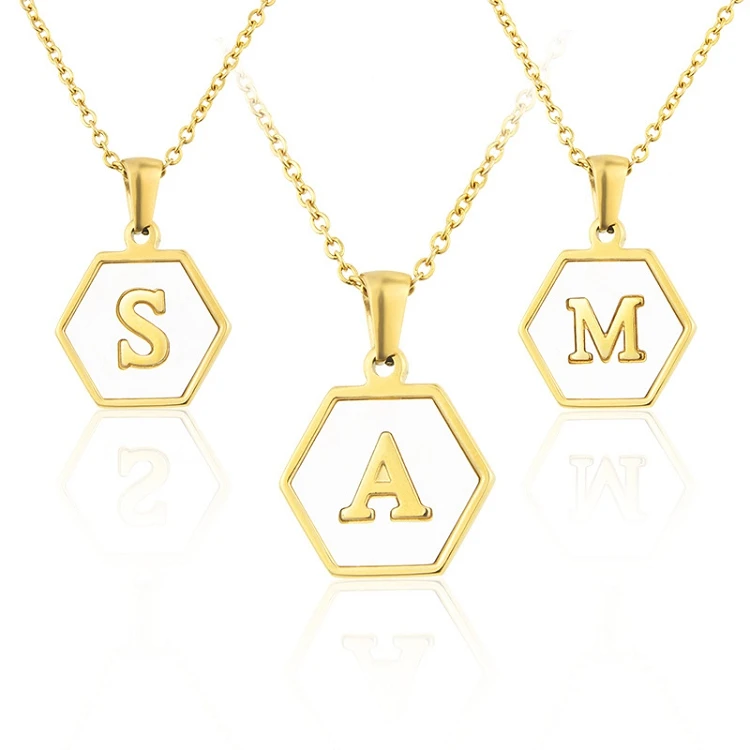 

G143 Wholesale Stainless Steel Letter A-Z Letters White Hexagon Alphabet Pendant stainless steel initial shell necklace