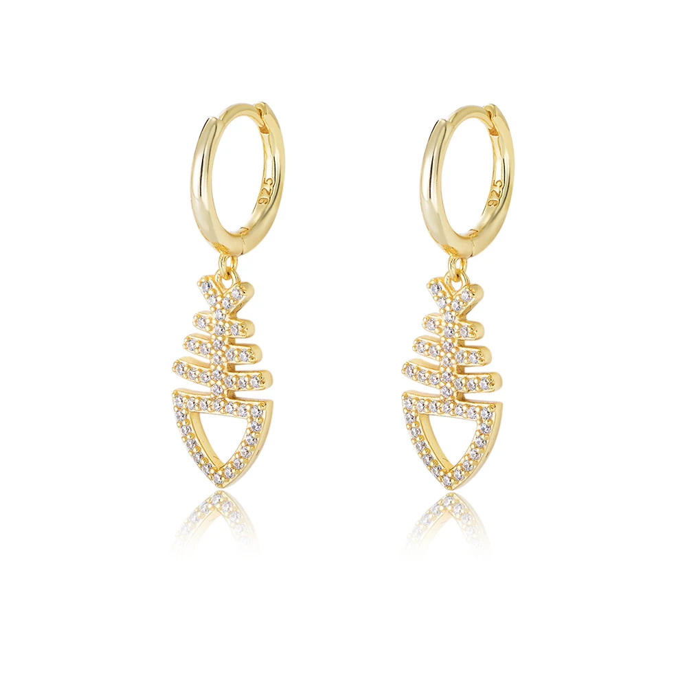 

TRENDY 925 Sterling silver Gold Vermeil Hoop Fishbone Huggie Earrings for party