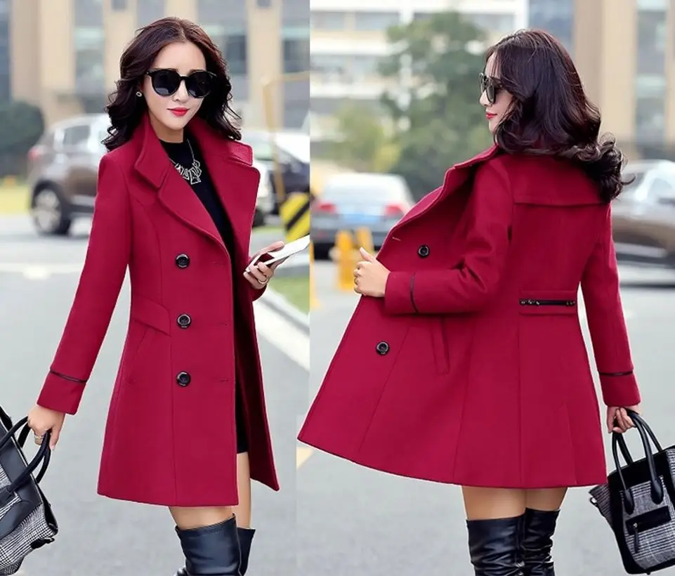 

New Woolen Coat Women New Solid Color Wool Korean Black Red Beige Khaki Jacket, As shown