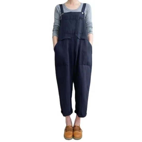 

Women's plus size cotton and linen button washed suspenders three-dimensional pocket fashion suspenders jumpsuit