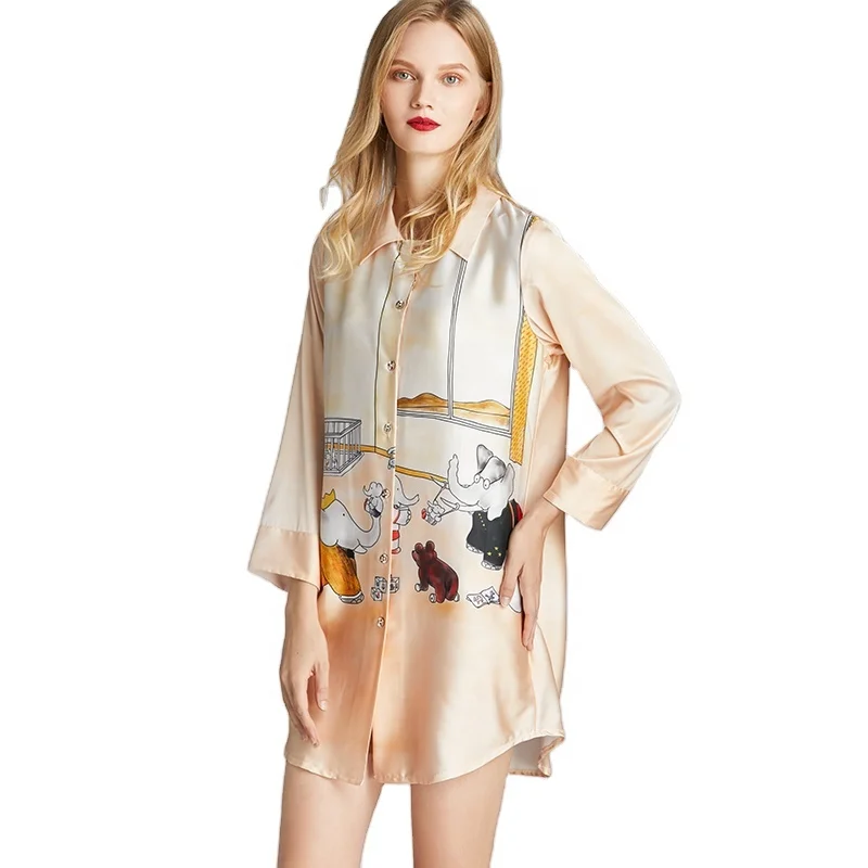 

2021 Latest Design Fashion Cartoon Elephant Printed Satin Fabric Silk Ladies Nightdress, 1 color