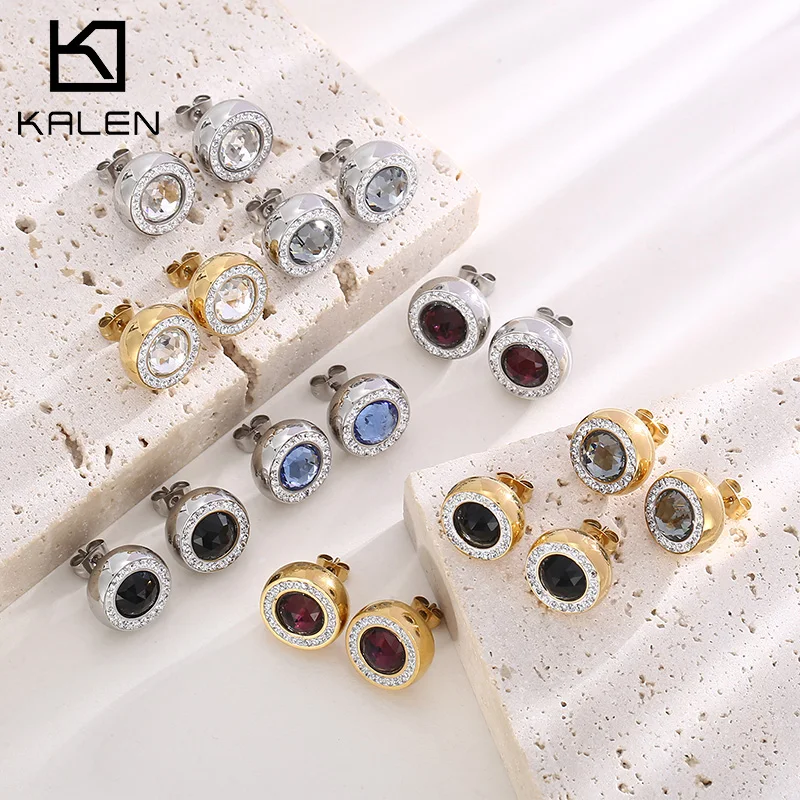 

Kalen Simple Jewelry Earrings Women Rhinestone Glass Crystal Stainless Steel Round Earrings