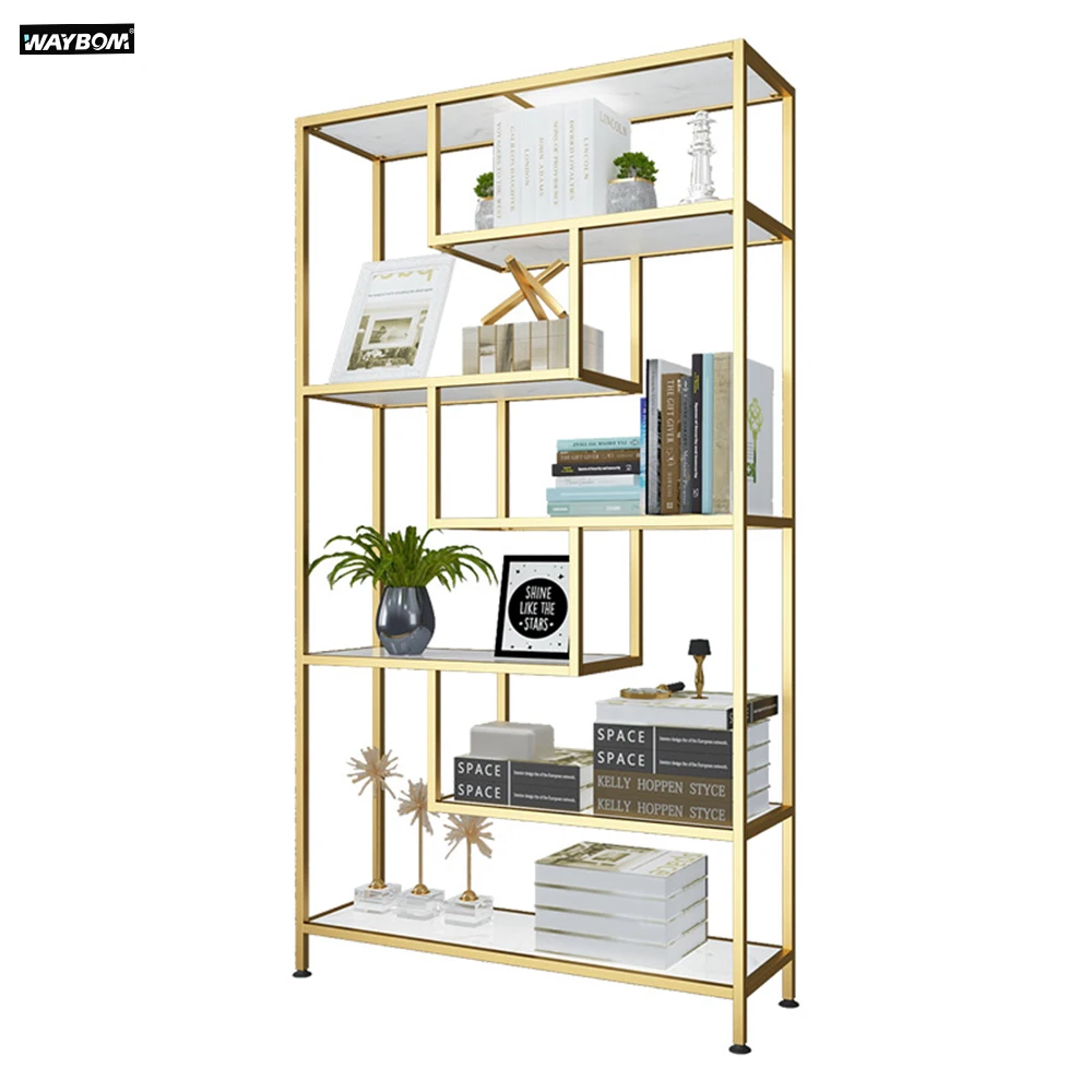 

WAYBOM Minimalist Style Brass Display Metal Wire Wine Bookshelf Bookcase With Glass Shelves For Sale, Black/gold/white