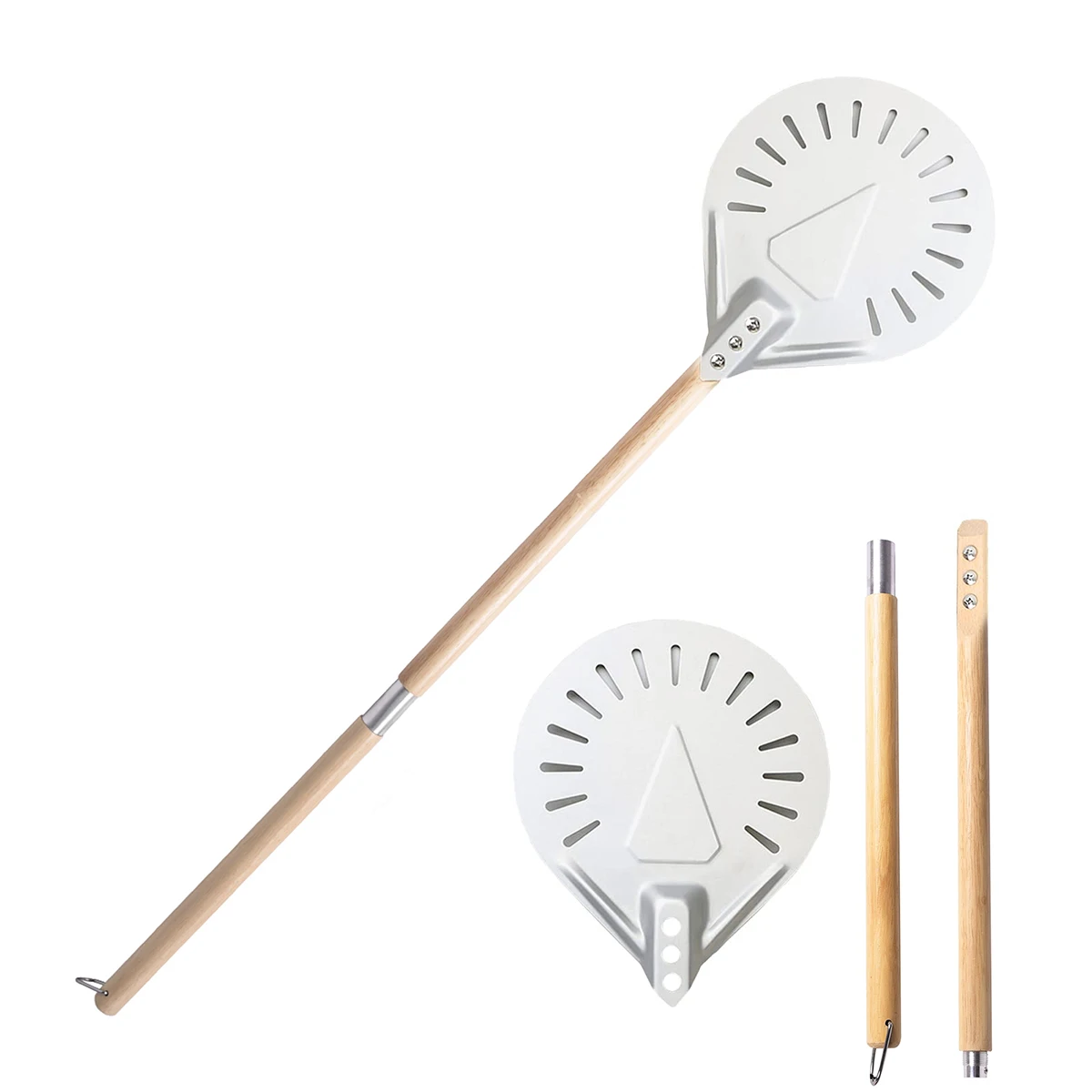 

Factory Wholesale Aluminum Pizza Perforated Shovel Round Detachable Pizza Peel With Wood Handle