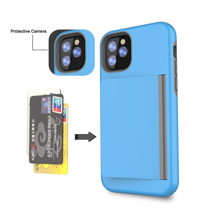 

Slide Credit Card Slot Wallet Armor TPU PC Cover Phone Cases for iPhone 11 5.8 6.1 6.5 for iphone 12 Credit Card Case