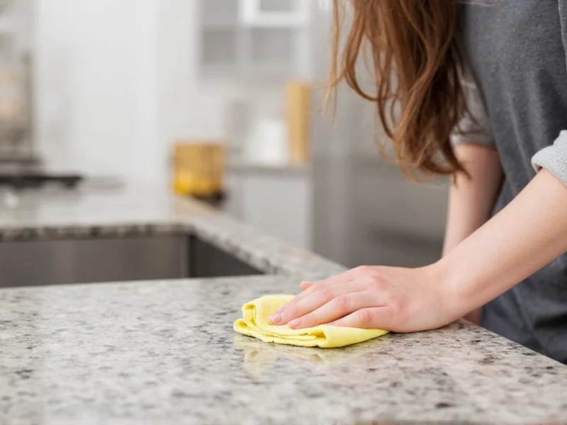 Woman using microfiber cloth to clean granite countertop