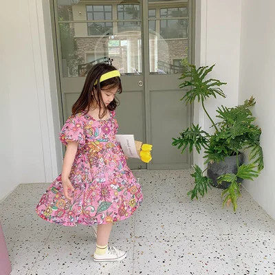 

3-8Y Summer 2021 Kids Clothing Sweet Flower Baby Girl Clothes Flower Girls' Dresses