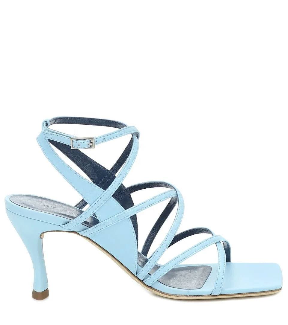 

New arrival blue open toe square toe mid heel PU cross strap summer sandal for ladies high heel sandal fashion women's shoe