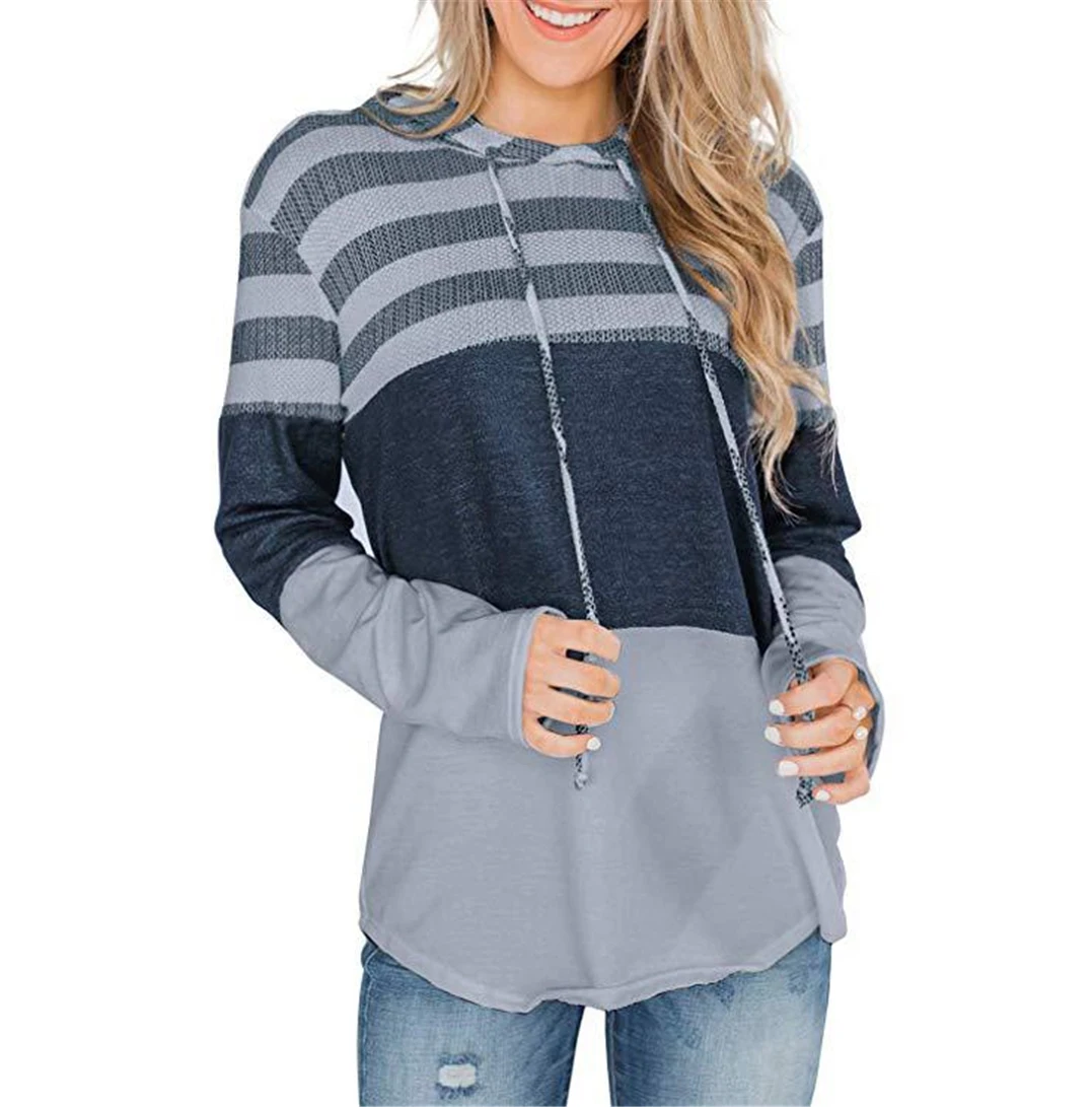 

Rummandy New Women's Long Sleeve Striped Color Block Drawstring Hoodie Sweatshirt Dress Top Blouse Hoodies, Customized color