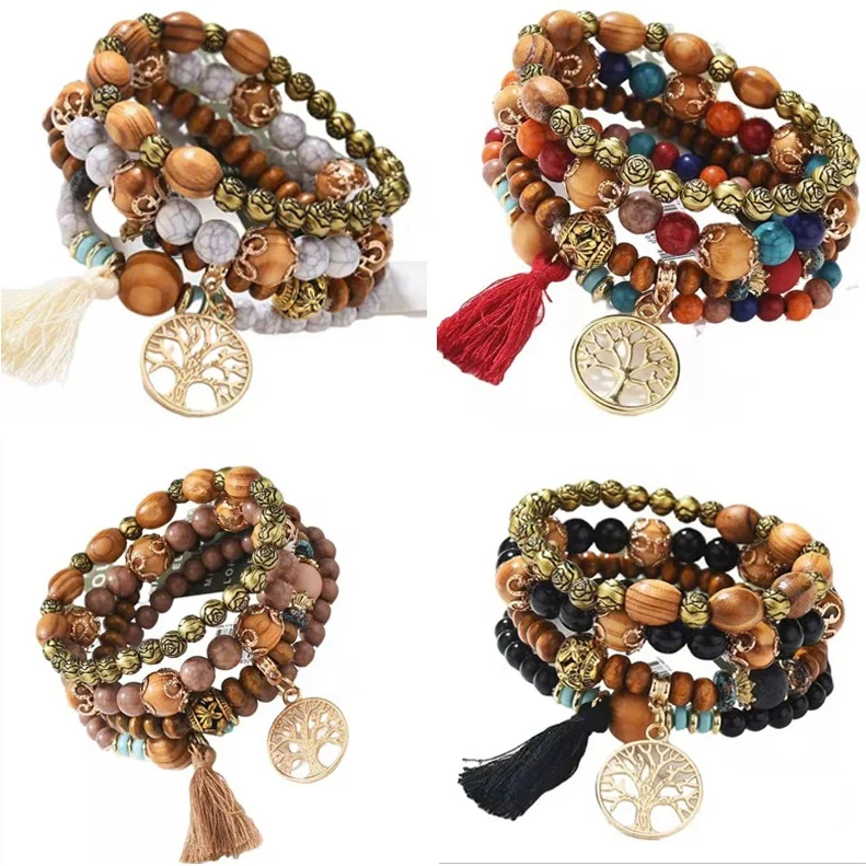 

3 Layers Hand String Howlite Wooden Beads Multilayer Winding Tassels Bohemia Charm Tree of Life Bracelet for Women