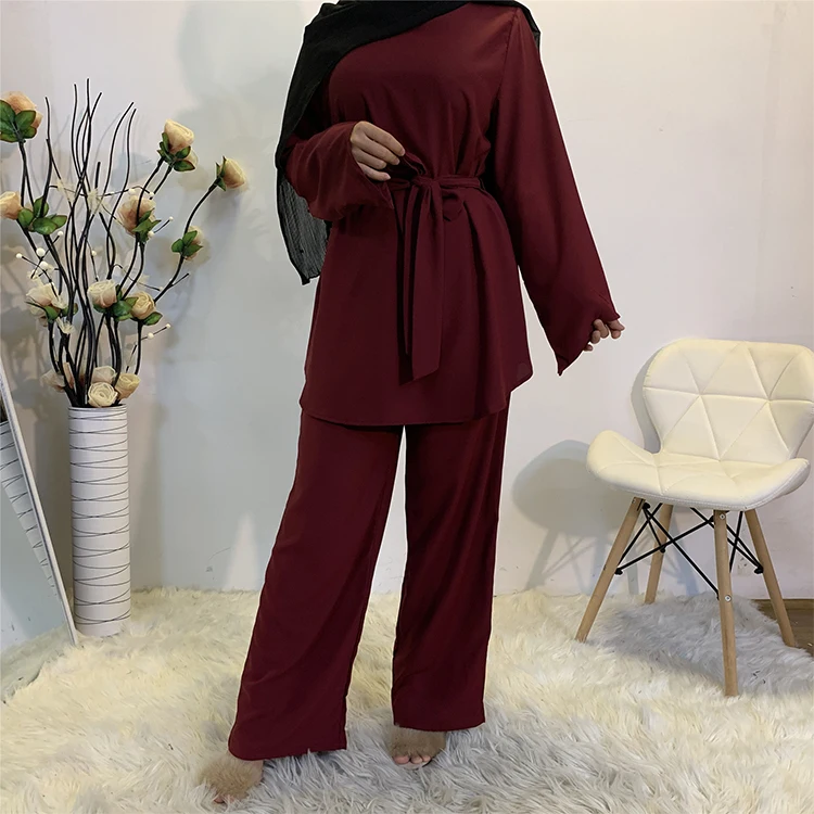 

Latest Modest Simple Plain Color Blouse &Pant Plus Size Two-Piece Women Islamic Clothing Abaya Sets