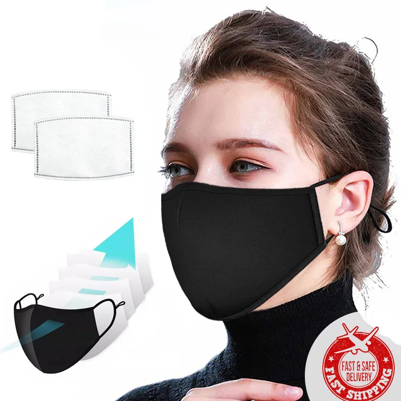 

wholesale Fashion Cotton washable face maskes Out Door Adult fabric black Face maskes with filter replace Active Carbon