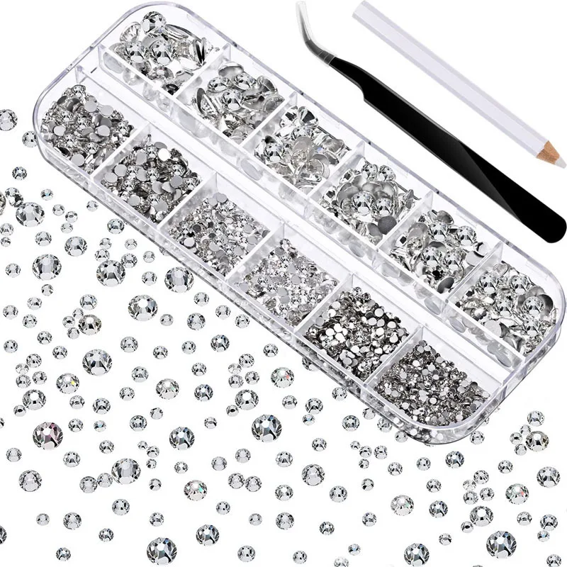 

Hotsale 12 grids box rhinestone nail drill flat glass shaped drill DIY nail rhinestone nail accessories