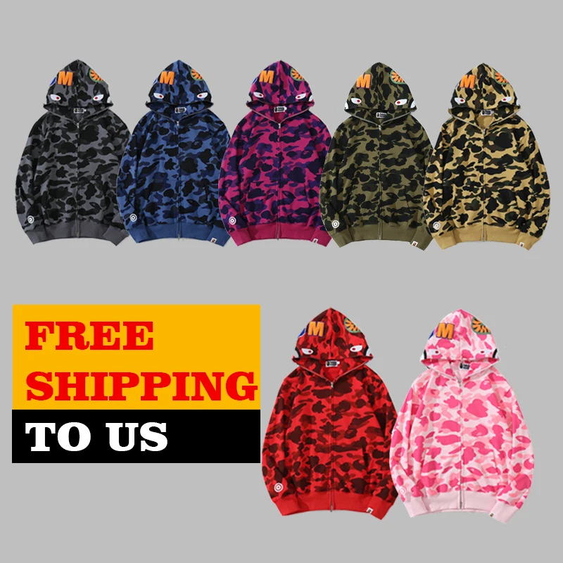 

Free Shipping Camouflage Sweatshirt Full Face Zip Up Hoody BAPE Camo Graphic Shark Hoodies Unisex Men's Hoodie With Zipper, Picture shows